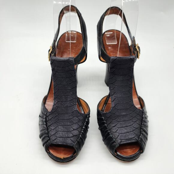 Chie Mihara T-Strap Peep Toe Heels Black Leather EU 37 US 7 - Picture 2 of 9